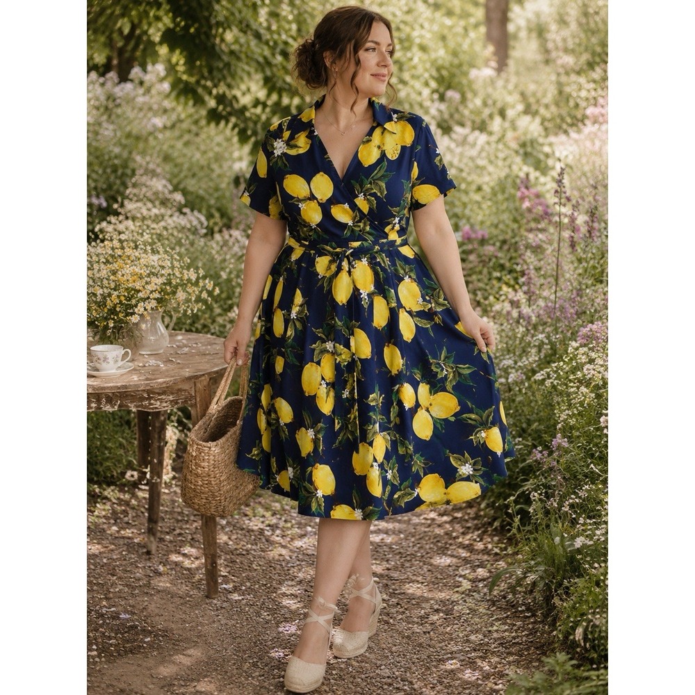 Lemon Print Fit And Flare Midi Dress Short Sleeves Size 2XL Summer Picnic Stretc